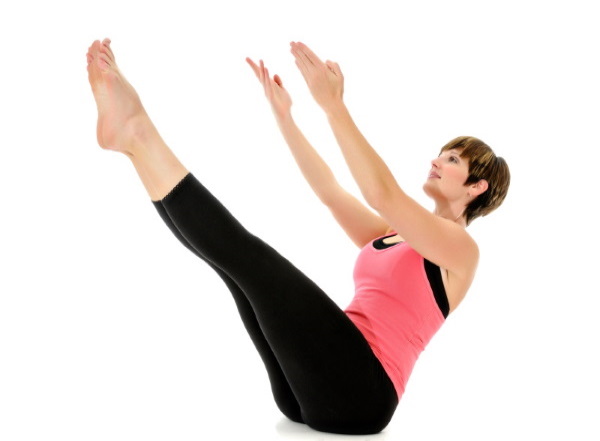Woman Working Through Her Exercise Routine. Isolated on White. Space For Copy.